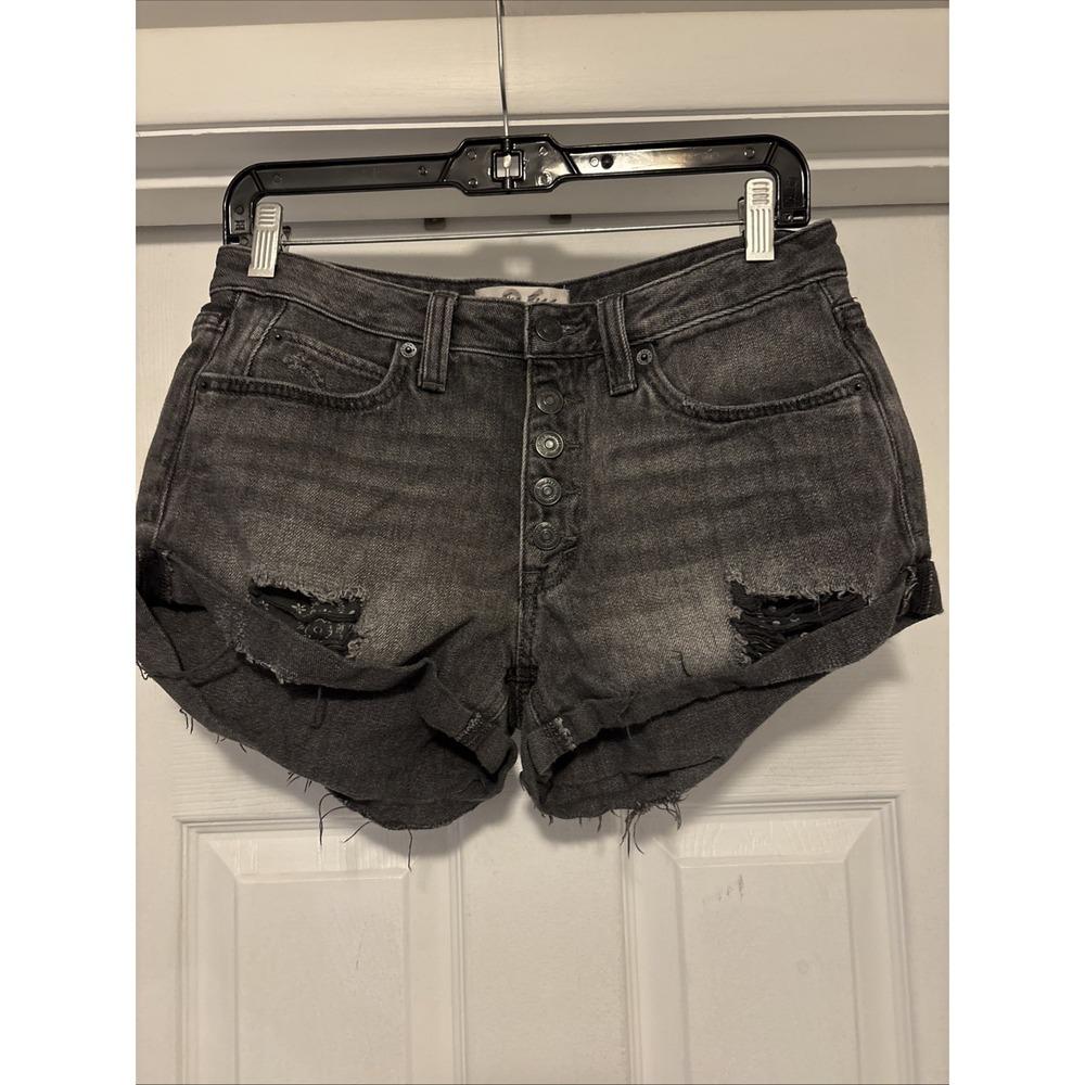 We The Free People Charcoal Denim Button Fly Distressed Cut Off Jean Shorts 26